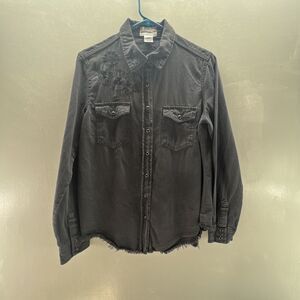 For The Republic Denim Top Women’s Size 8 Long-Sleeve Embroidered Snap Ruff Hem